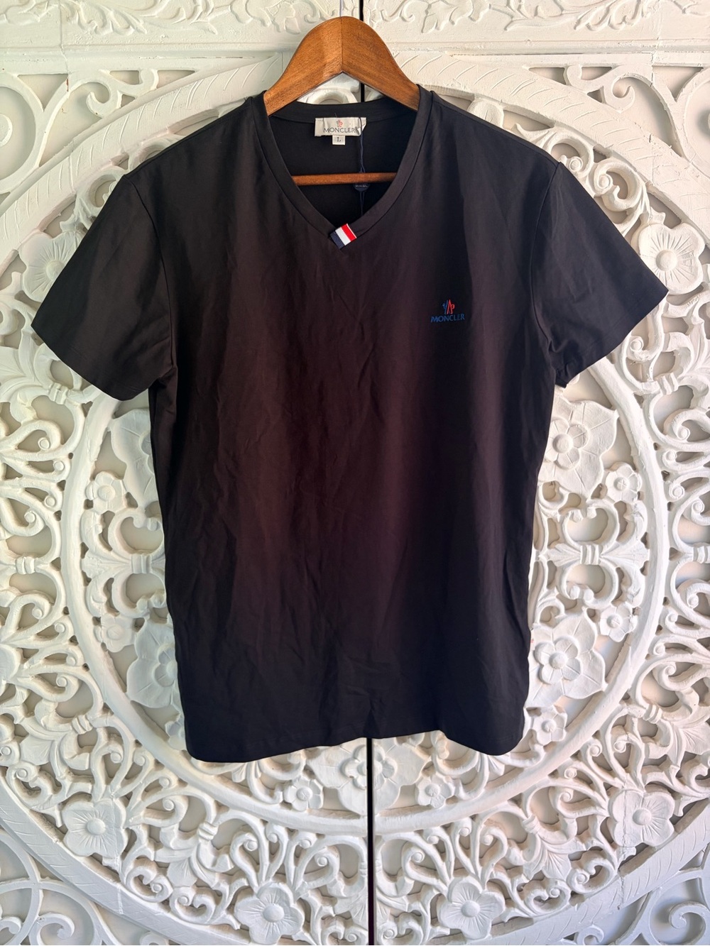 Moncler Black V-Neck Embroidered Logo T-Shirt Size L